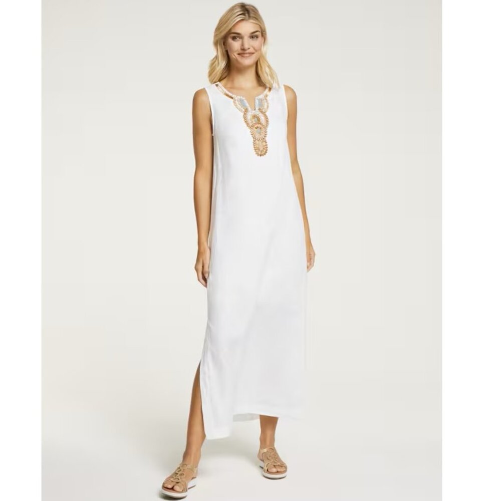 Susan Graver Linen White Maxi Dress Seashell Embellished Caftan size PXS P2 2P